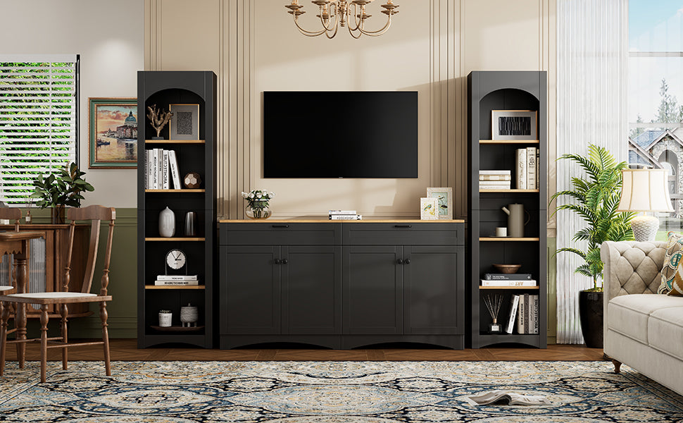 ON-TREND 3-Piece Farmhouse Entertainment Center with Storage Cabinet for TVs Up to 70', Mid-Century TV Stand with Bookshelf, Rustic Versatile Sideboard with Adjustable Shelves for Living Room, Black - Grand Goldman Shop