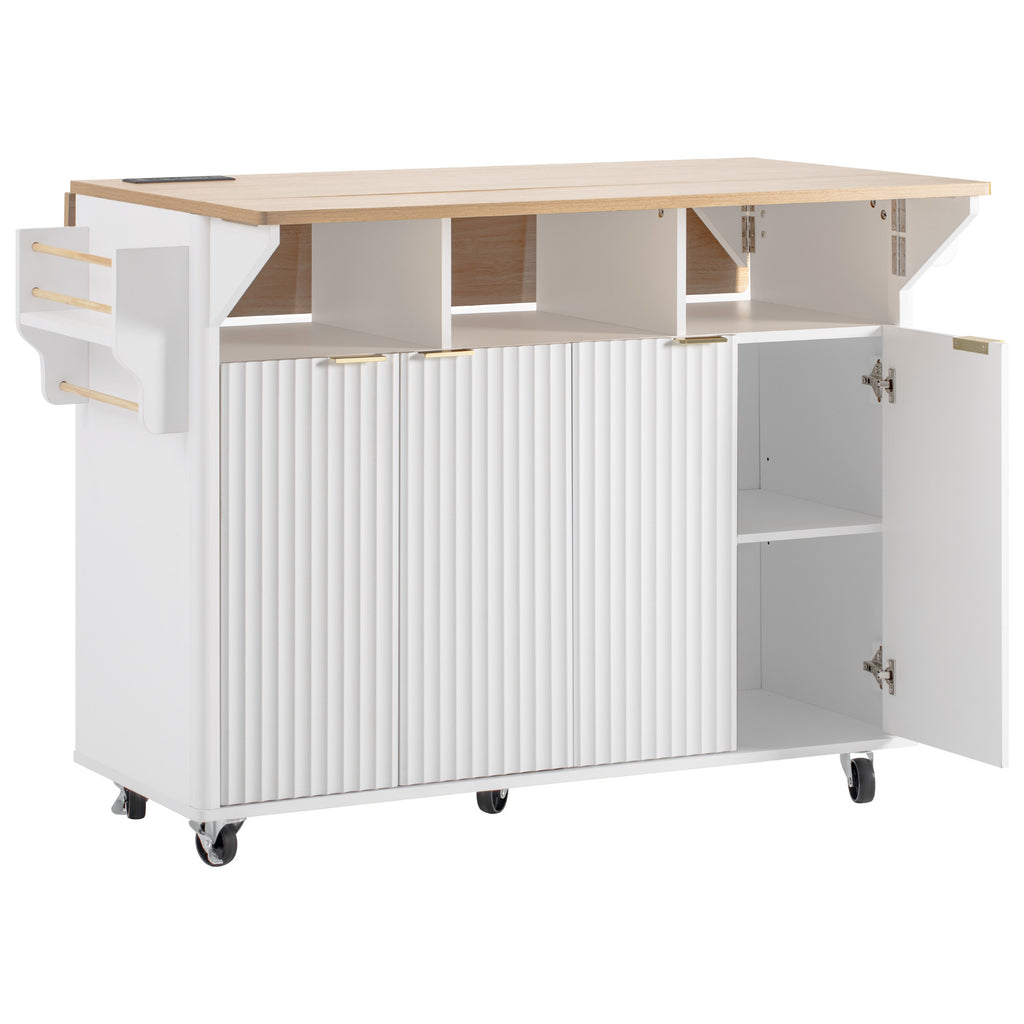K&K 55.5' Fluted Kitchen Island with 2 Drop Leaf, Kitchen Storage Cart with Power Outlet, 4 Doors, Spice rack, Rolling Island Table with Wood-grain Top, Curved Edge for Kitchen, Dining Room,White - Grand Goldman Shop