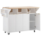 K&K 55.5' Fluted Kitchen Island with 2 Drop Leaf, Kitchen Storage Cart with Power Outlet, 4 Doors, Spice rack, Rolling Island Table with Wood-grain Top, Curved Edge for Kitchen, Dining Room,White - Grand Goldman Shop
