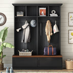 Farmhouse 4-in-1 Hall Tree with Wood Grain Bench, Mudroom Versatile Coat Rack with 2 Large Drawer, Entrance Organizer for Hallway, Living Room, Black, 55.9'W (OLD SKU: N721P313099B) - Grand Goldman Shop
