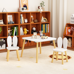 Rabbit Themed Kids Table and 2 Chairs Set, White Solid Wood & MDF Play Table with Rounded Edges, 3-Piece Toddler Furniture fo