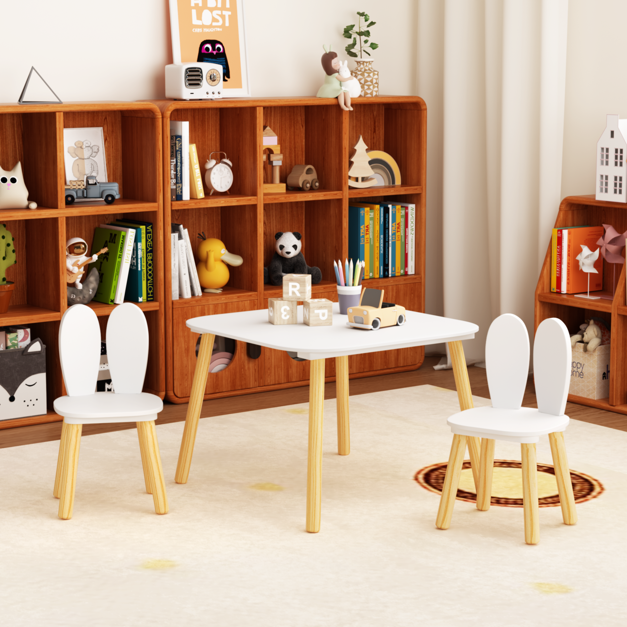 Rabbit Themed Kids Table and 2 Chairs Set, White Solid Wood & MDF Play Table with Rounded Edges, 3-Piece Toddler Furniture fo