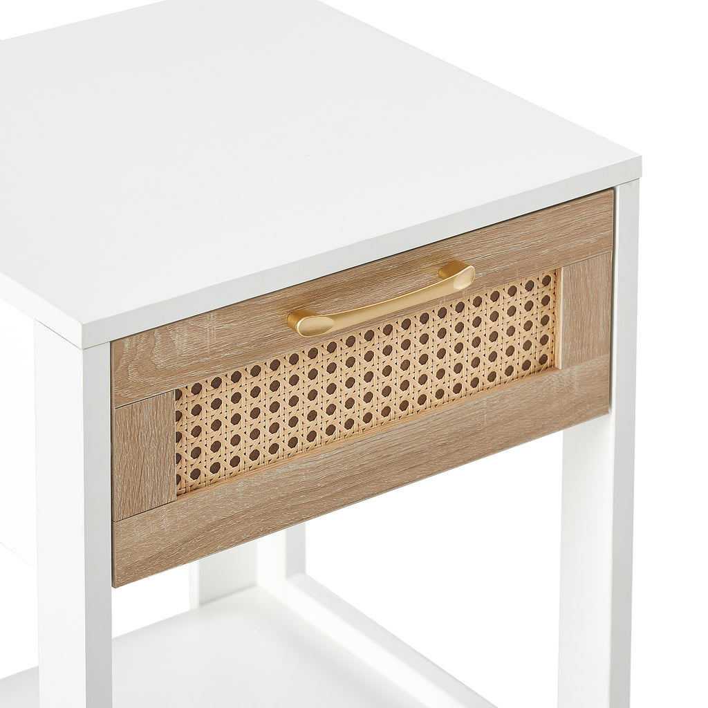 Modern Rattan End Table with Drawer, White MDF and Rattan, 15.75' Square - Grand Goldman Shop