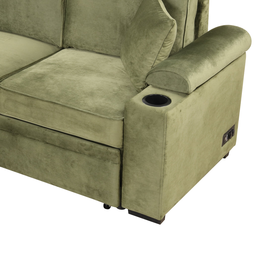 Green Velvet Sleeper Sofa Bed with Storage Ottoman, L Shape Pull Out Couch for Living Room and Bedroom - Grand Goldman Shop