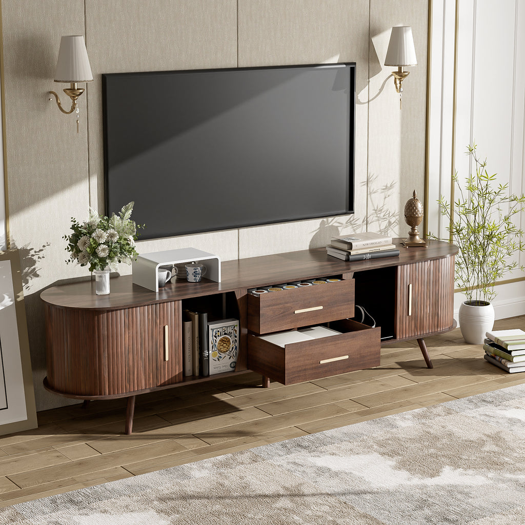 Mid-Century Modern TV Stand for 80' TV, Entertainment Center with Storage in Dark Brown, Solid Wood and MDF Construction, 70.8' L x 15.5' W x 18.1' H - Grand Goldman Shop