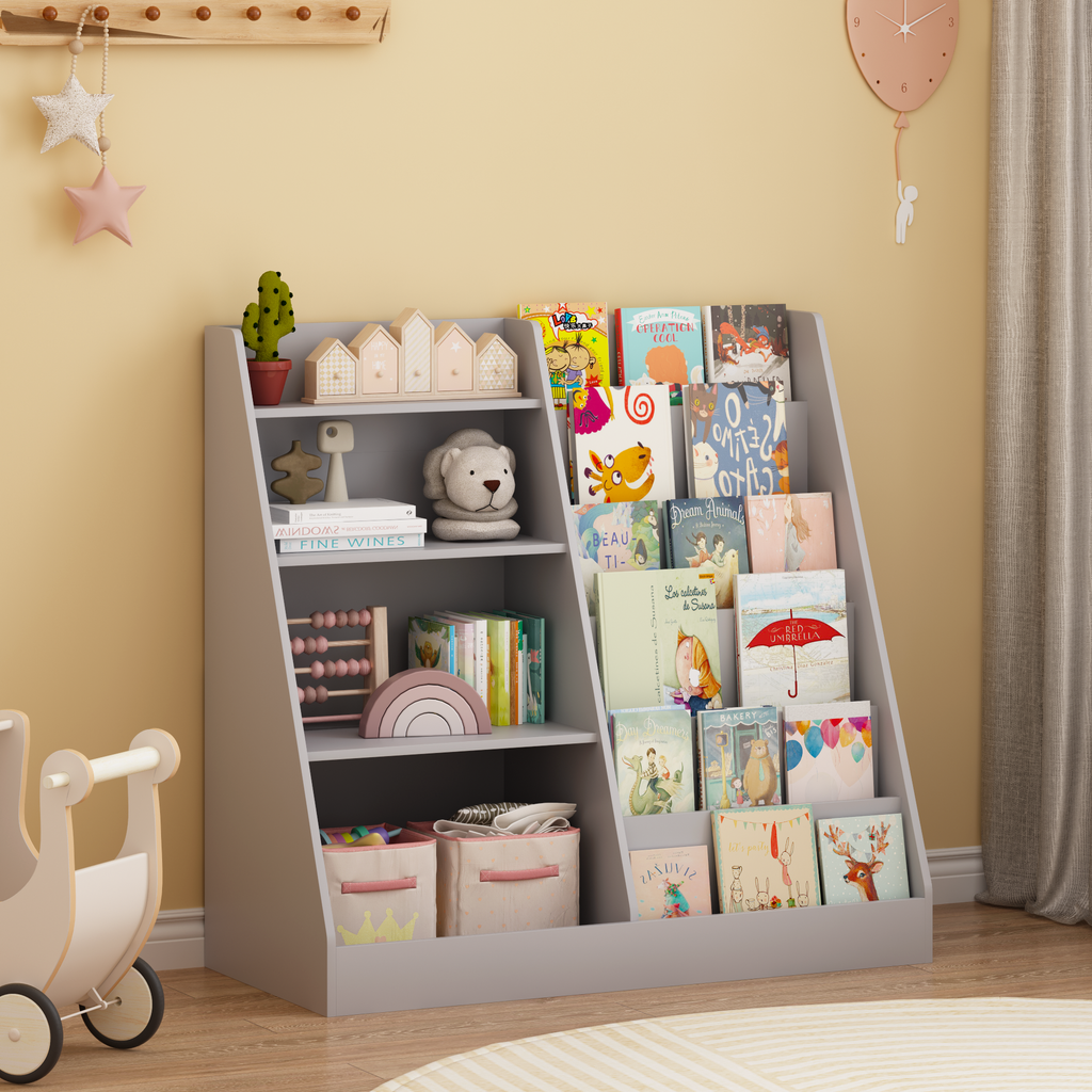 Kids Bookshelf and Toy Storage Organizer, Multifunctional 4 Tier Wooden Kids Book Shelf with  Bookcase Display Stand in Kids 