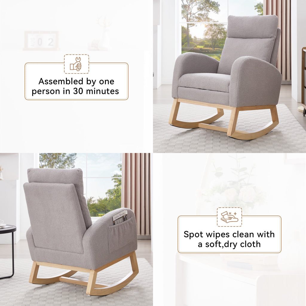 015B-Teddy Fabric Leisure Rocking Chair,Nursery Rocking Chair With Adjustable Footstool,Thickened Headrest And High Backrest, Storage Pocket On The Right Side,The Base Rocker Is Solid Wood,Light Gray - Grand Goldman Shop