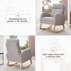 015B-Teddy Fabric Leisure Rocking Chair,Nursery Rocking Chair With Adjustable Footstool,Thickened Headrest And High Backrest, Storage Pocket On The Right Side,The Base Rocker Is Solid Wood,Light Gray - Grand Goldman Shop