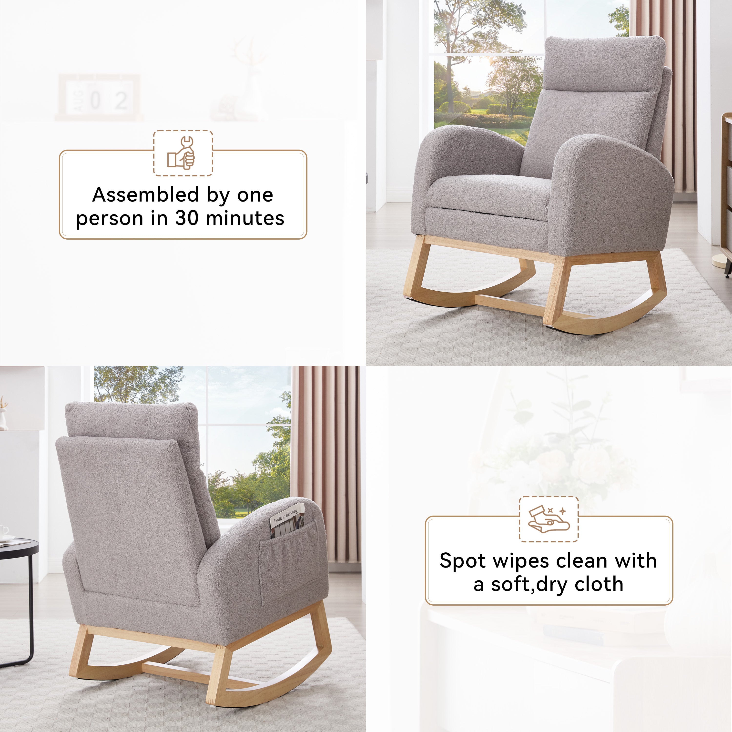 015B-Teddy Fabric Leisure Rocking Chair,Nursery Rocking Chair With Adjustable Footstool,Thickened Headrest And High Backrest, Storage Pocket On The Right Side,The Base Rocker Is Solid Wood,Light Gray - Grand Goldman Shop