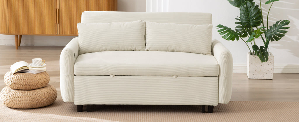 Modern Convertible Pull-out Sofa Bed with USB Ports and Pillows, Beige Corduroy, 57.48 inches - Grand Goldman Shop