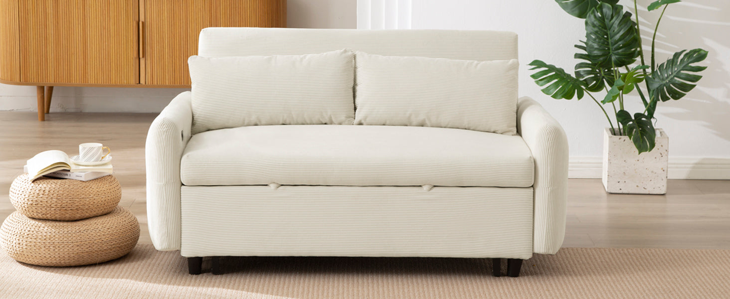 Modern Convertible Pull-out Sofa Bed with USB Ports and Pillows, Beige Corduroy, 57.48 inches - Grand Goldman Shop