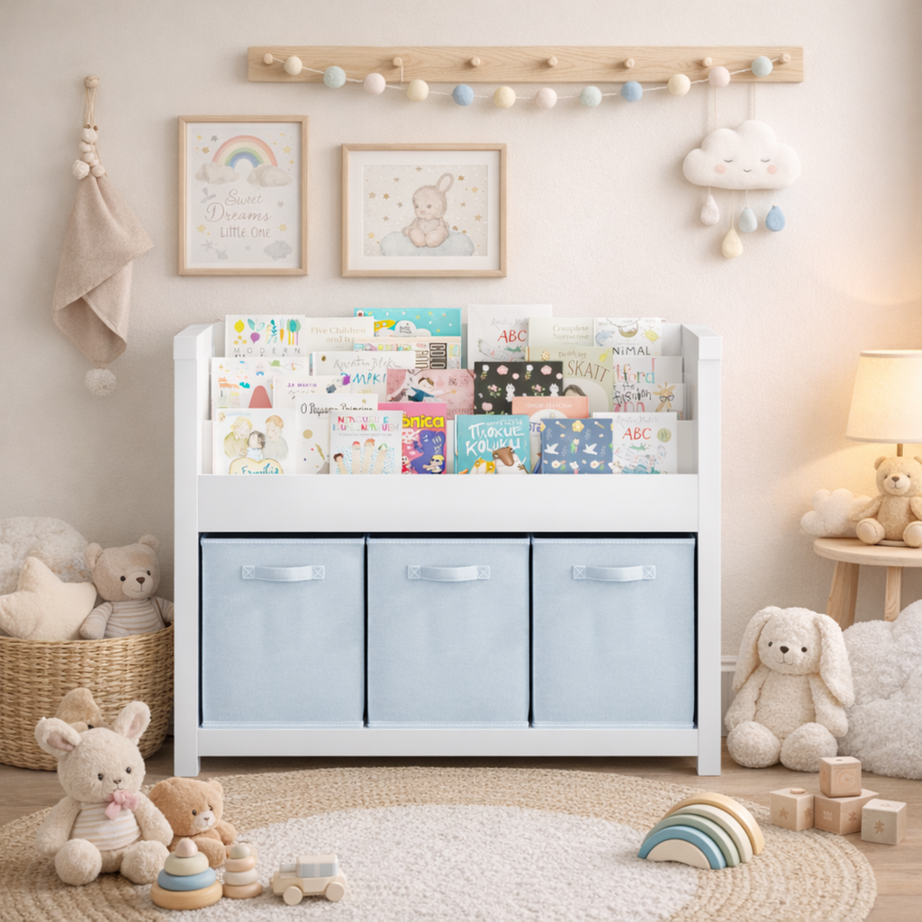 Kids Bookshelf with 3 Tier Front-Facing Storage and 3 Fabric Bins, Wooden Toddler Bookcase for Playroom, Nursery, Bedroom – K