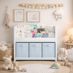 Kids Bookshelf with 3 Tier Front-Facing Storage and 3 Fabric Bins, Wooden Toddler Bookcase for Playroom, Nursery, Bedroom – K