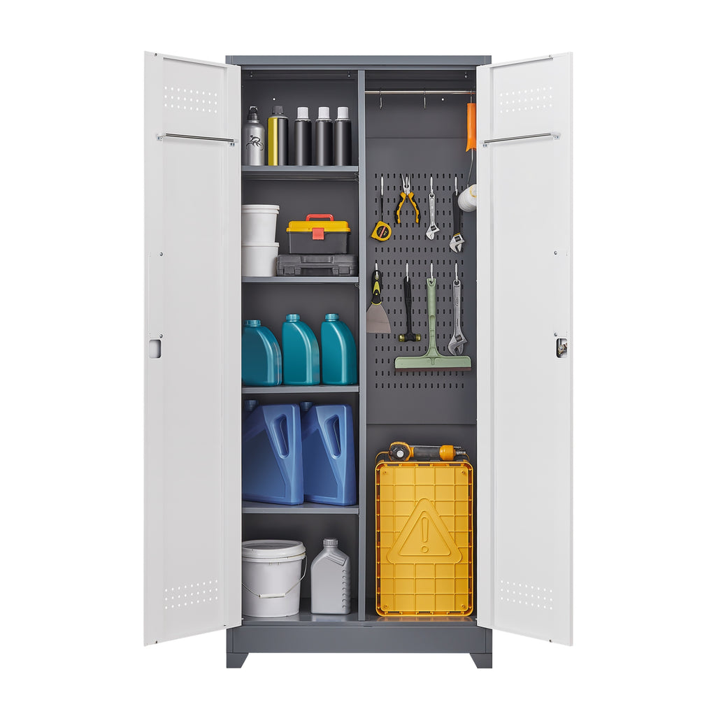 Gray Metal Lockers with Locking Doors, Adjustable Shelves, High Broom Tool Storage Cabinet, 72-Inch Kitchen, Office, Shop Org