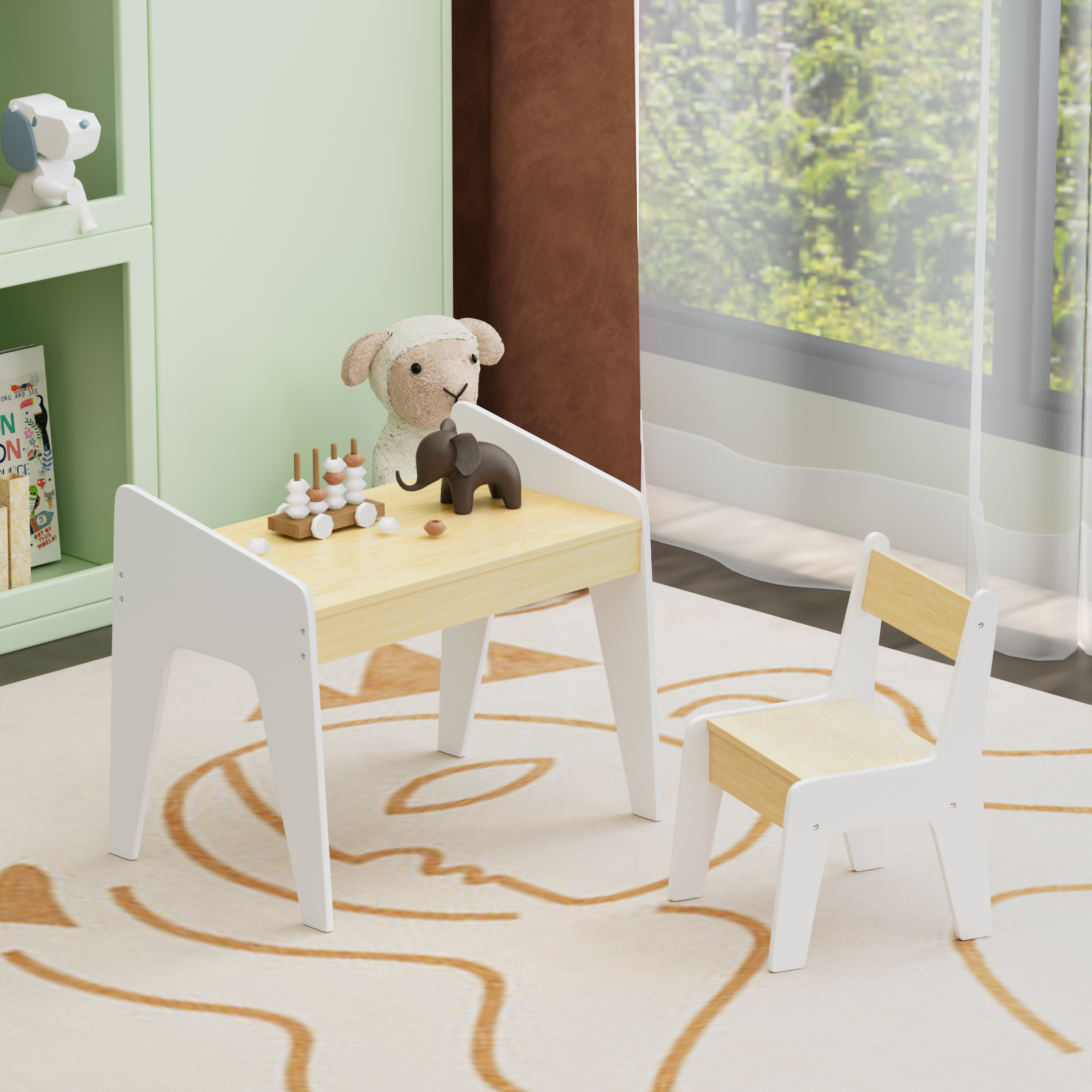 Kids Table Set with One Chair, Wooden Children Study Table, 2-8  Age Kids Funiture , White+Natural | Premium Home Decor - Gra