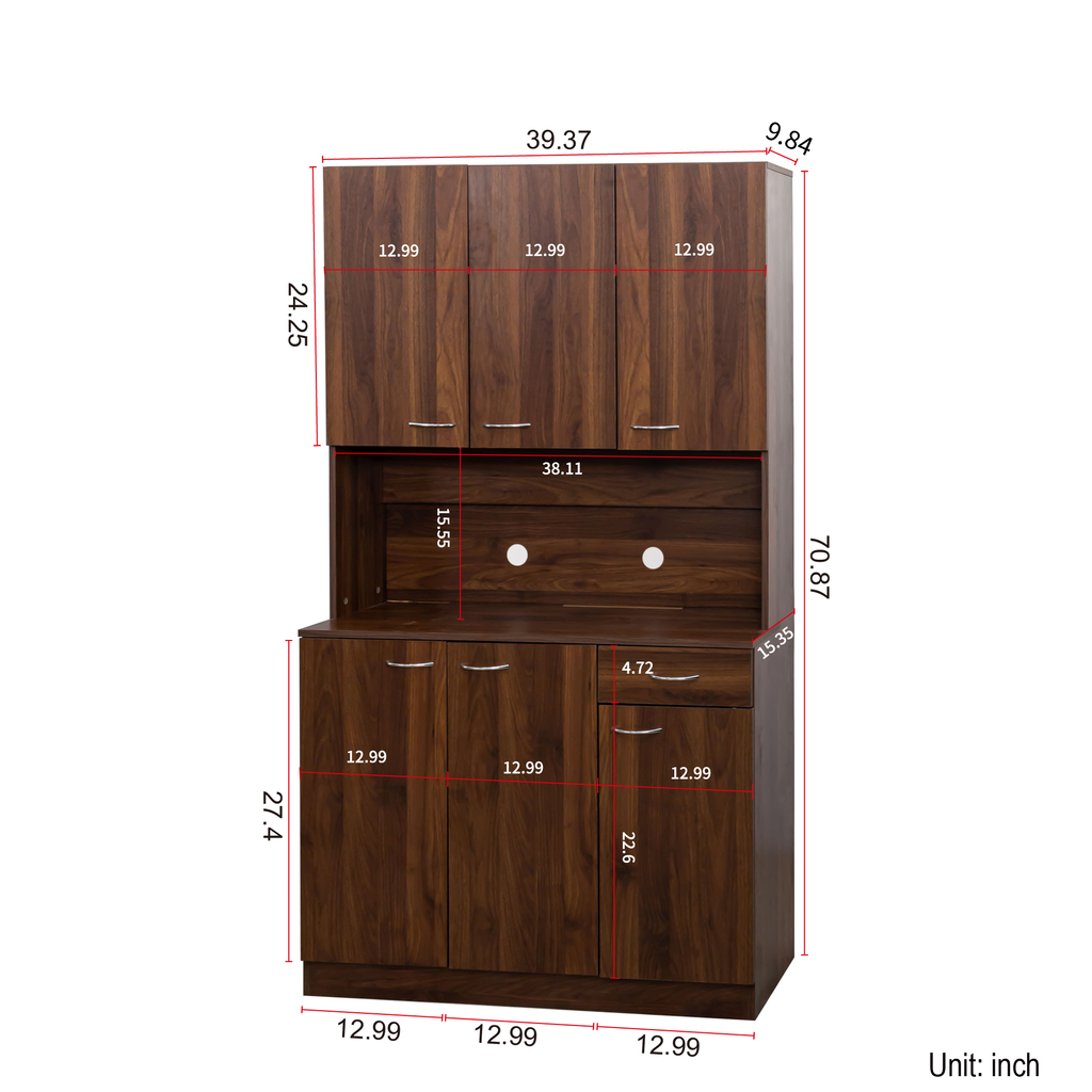 70.87' Tall Wardrobe& Kitchen Cabinet, with 6-Doors, 1-Open Shelves and 1-Drawer for bedroom,Walnut - Grand Goldman Shop