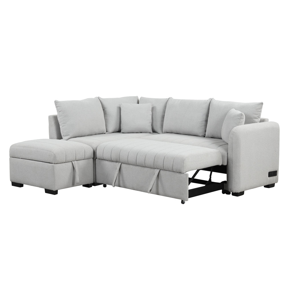 Modern L-shaped Sectional Pull Out Sofa Bed with USB Ports & Storage Ottoman, Gray Jacquard Fabric, 82.6' - Grand Goldman Shop