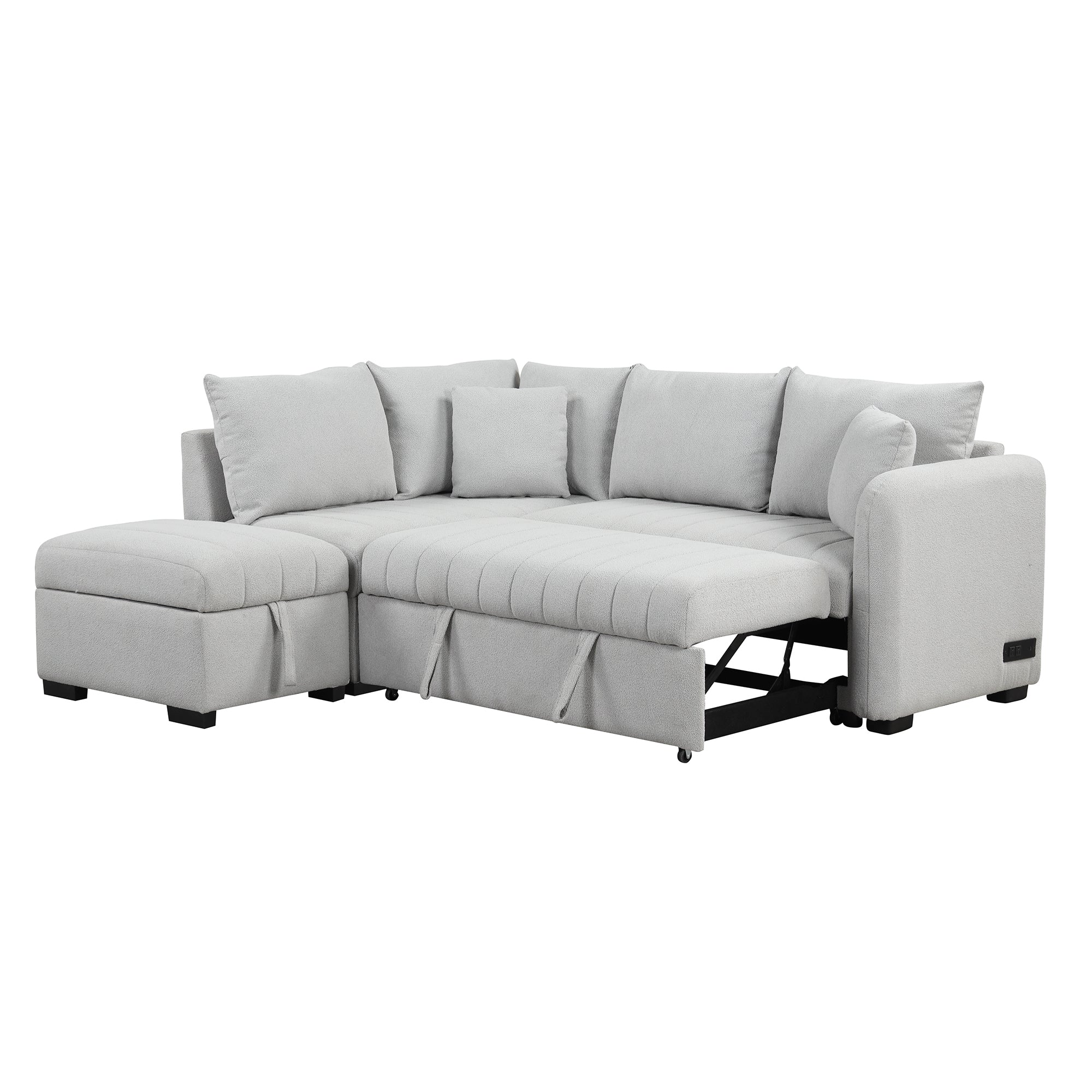 Modern L-shaped Sectional Pull Out Sofa Bed with USB Ports & Storage Ottoman, Gray Jacquard Fabric, 82.6' - Grand Goldman Shop