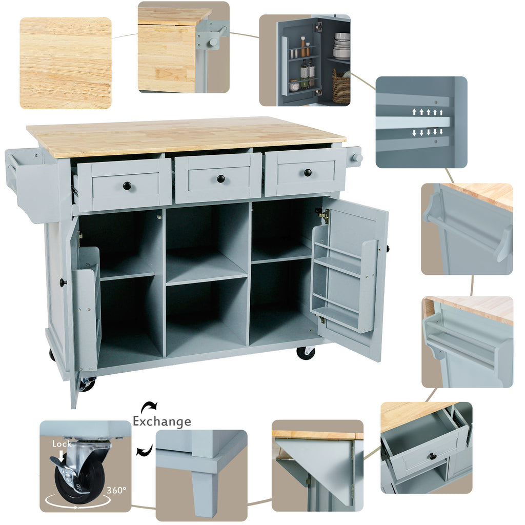 Kitchen Cart with Rubber wood Drop-Leaf Countertop ,Cabinet door internal storage racks,Kitchen Island on 5 Wheels with Storage Cabinet and 3 Drawers for Dinning Room, Grey Blue - Grand Goldman Shop