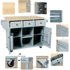 Kitchen Cart with Rubber wood Drop-Leaf Countertop ,Cabinet door internal storage racks,Kitchen Island on 5 Wheels with Storage Cabinet and 3 Drawers for Dinning Room, Grey Blue - Grand Goldman Shop