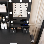 Black Vanity Table with Adjustable LED Mirror, Power Outlet, Hairdryer Holder & Matching Stool – Compact Dressing Desk for Small Bedrooms - Grand Goldman Shop