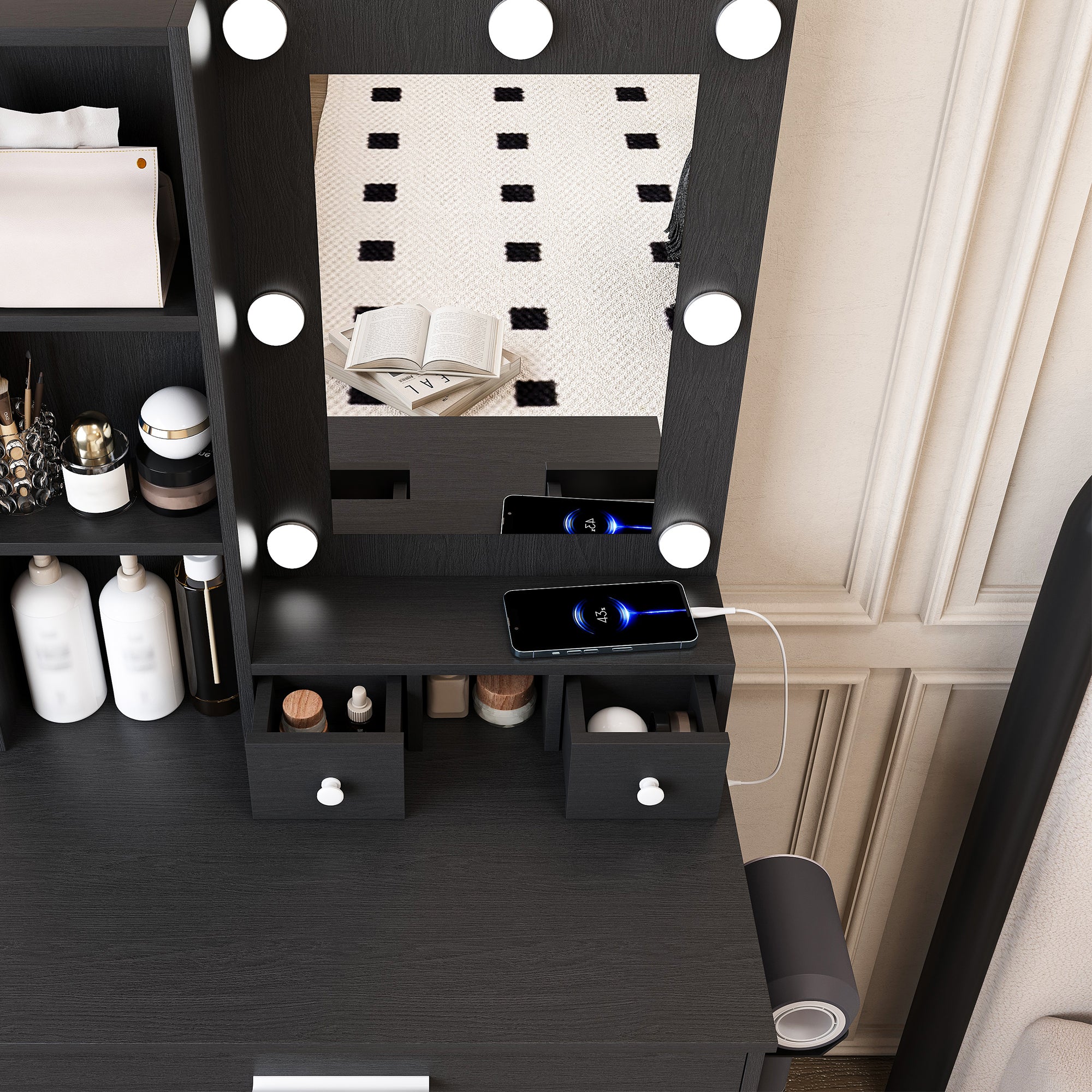 Black Vanity Table with Adjustable LED Mirror, Power Outlet, Hairdryer Holder & Matching Stool – Compact Dressing Desk for Small Bedrooms - Grand Goldman Shop