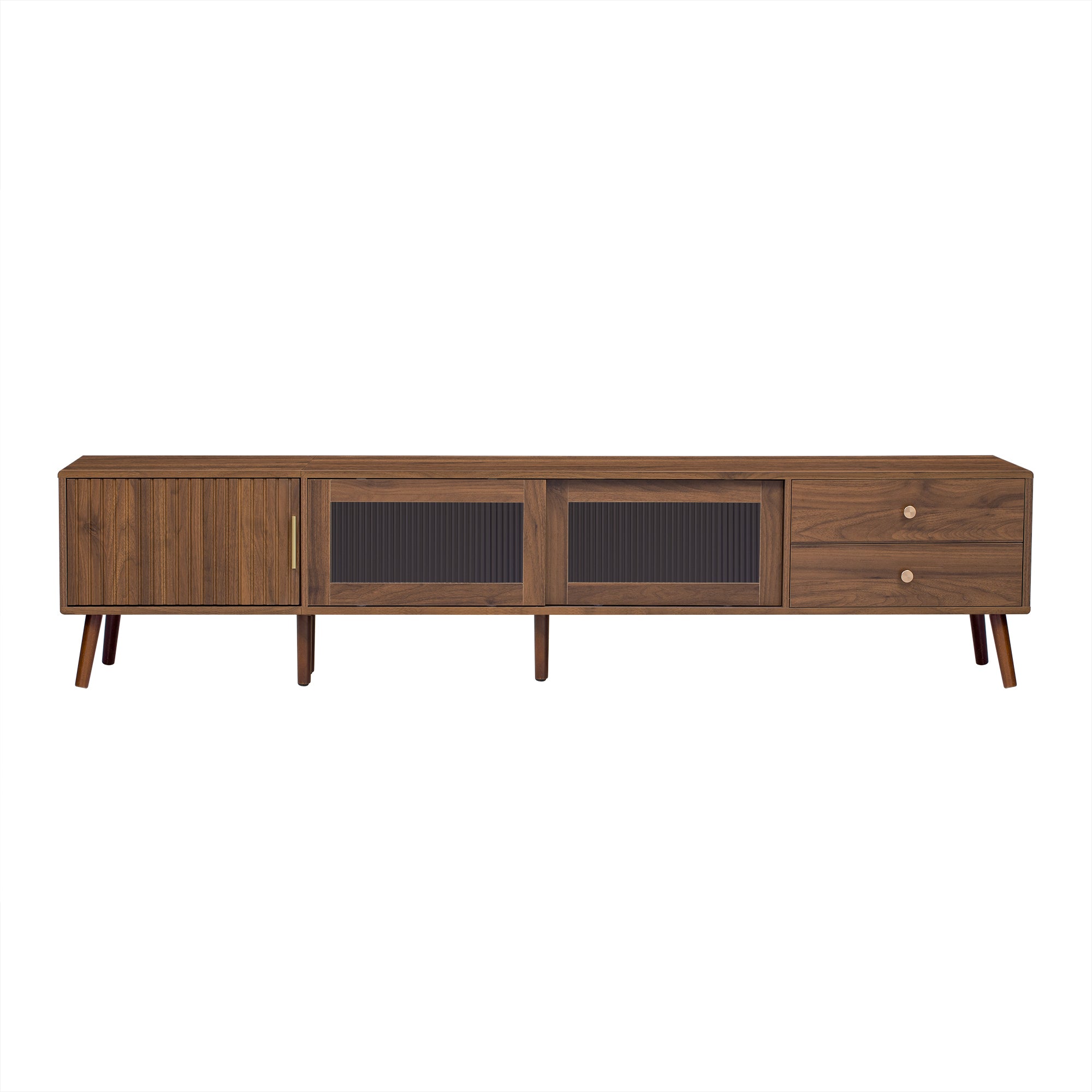 76' Modern Minimal Glass-Doors TV Stand for TVs up to 85 Inches, Wood-Grain Entertainment Center with Storage Cabinets, TV Media Console Table for Living Room, Bedroom - Grand Goldman Shop