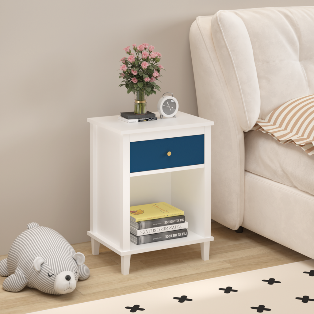 Navy+Golden Handle Wooden Nightstand with One Drawer One Shelf for Kids and Adults, White+Navy Finish, MDF Material, 26.77''H - Grand Goldman Shop