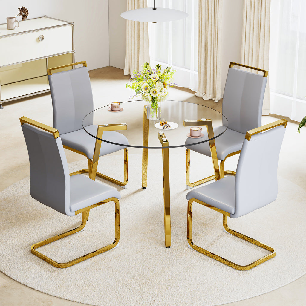 Modern minimalist style circular transparent tempered glass table, tempered glass tabletop, golden metal legs, suitable for kitchen, dining room, and living room, 42 '* 42' * 29.5 '1123r - Grand Goldman Shop