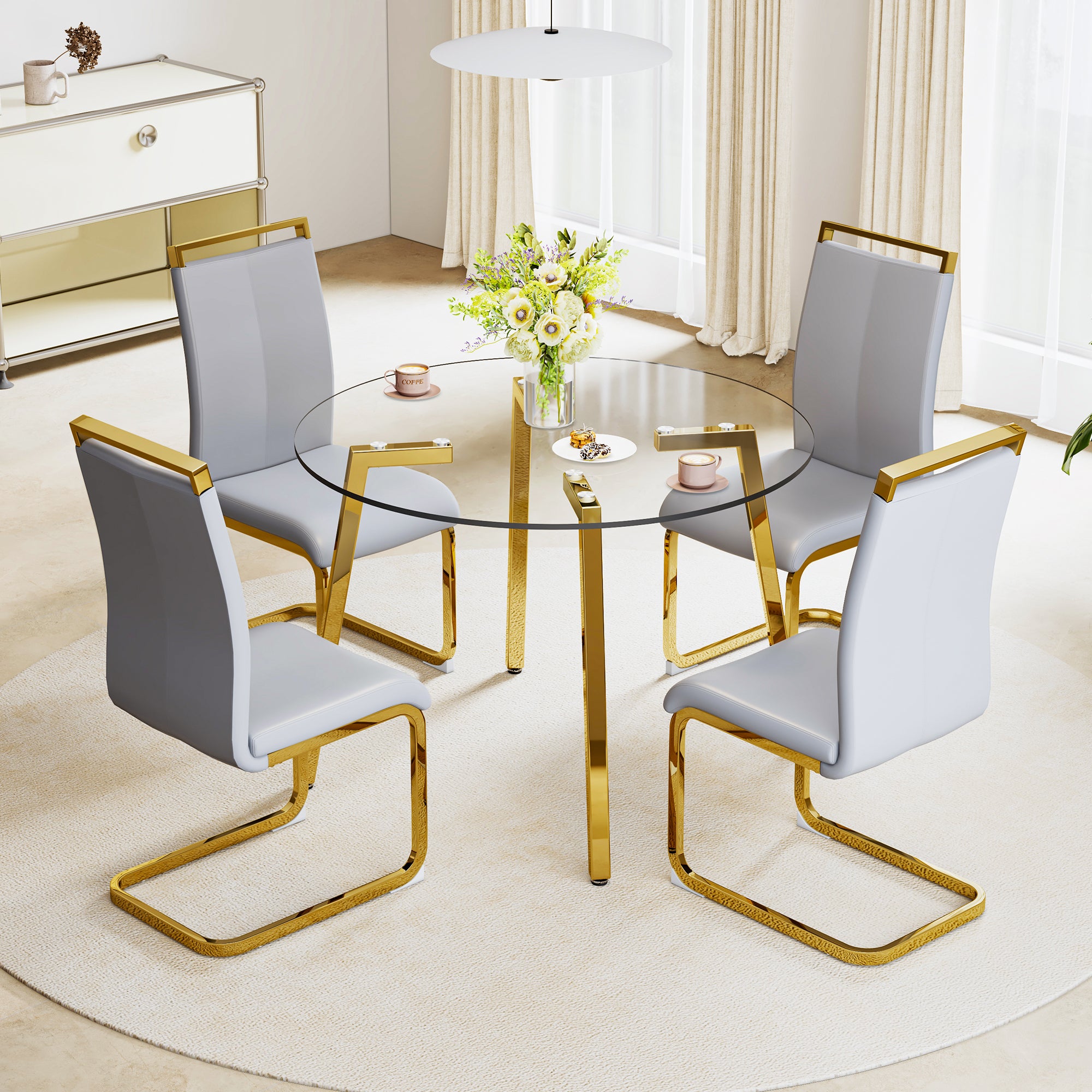 Modern minimalist style circular transparent tempered glass table, tempered glass tabletop, golden metal legs, suitable for kitchen, dining room, and living room, 42 '* 42' * 29.5 '1123r - Grand Goldman Shop