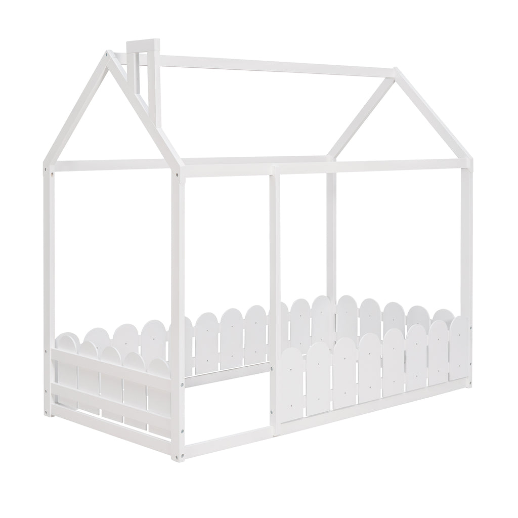 {Slats are not included}Twin Size Wood Bed House Bed Frame with Fence,for Kids,Teens, Girls,Boys {White}{OLD SKU:WF194274AAK} - Grand Goldman Shop