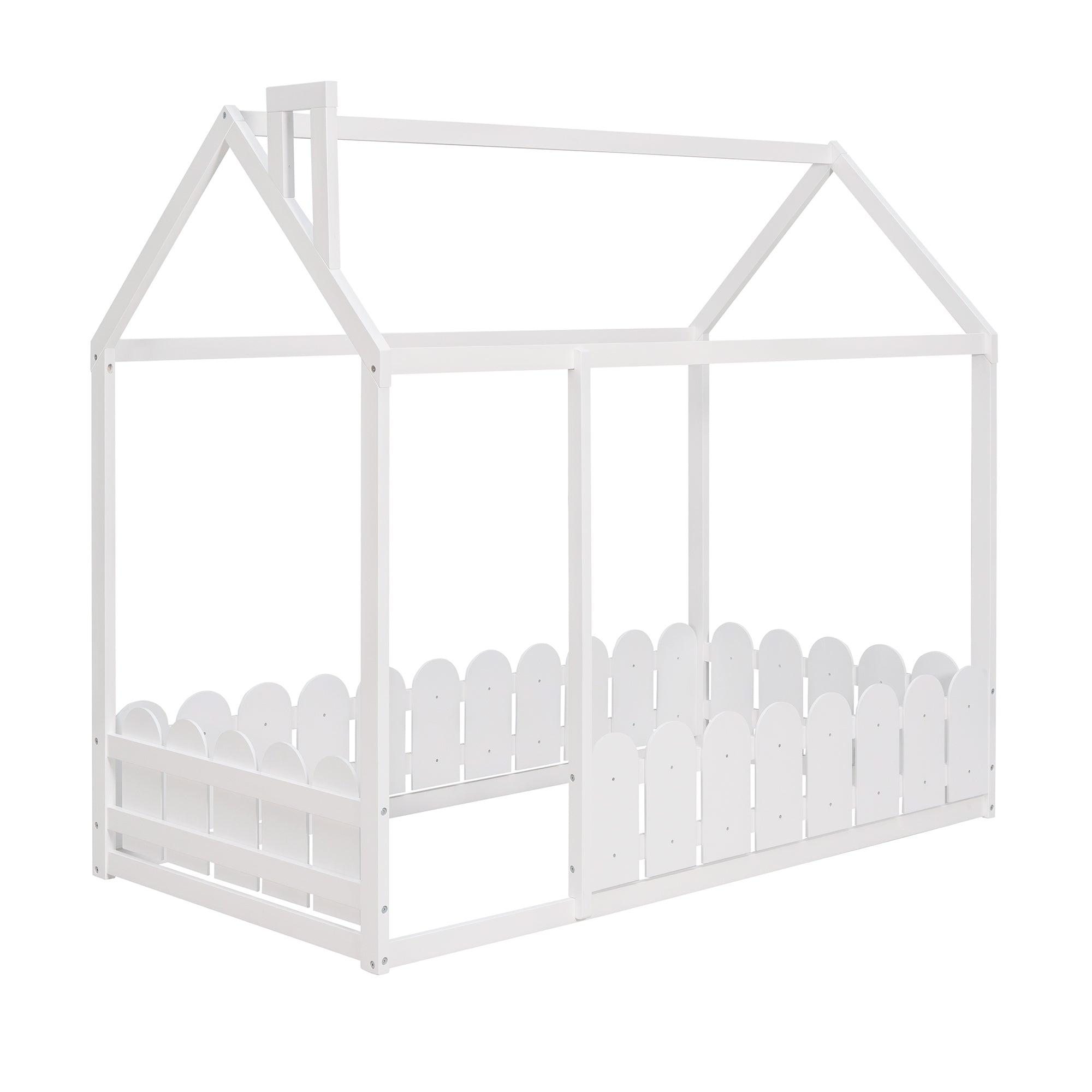 {Slats are not included}Twin Size Wood Bed House Bed Frame with Fence,for Kids,Teens, Girls,Boys {White}{OLD SKU:WF194274AAK} - Grand Goldman Shop