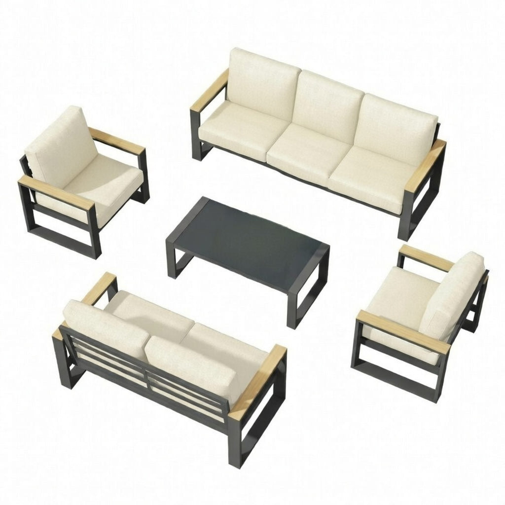 5-teilige Allwetter-Gartenmöbelgarnitur aus Ultra-Aluminium mit 10 Zoll dicken beigen Kissen und gehärtetem Glastisch in Beige+Grau
