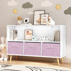 Modern Kids Bookcase with Collapsible Fabric Drawers, Children's Book Display & Toy Storage, White/Pink MDF & Pine Legs - Gra