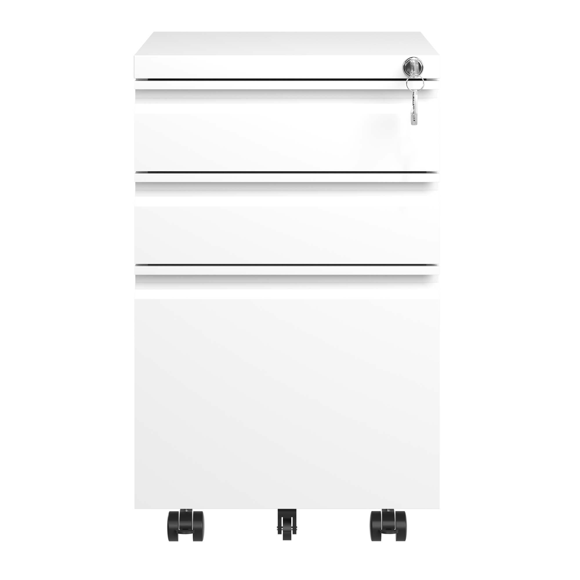 White Mobile 3-Drawer File Cabinet with Lock, Metal Organizer for Home Office, Fully Assembled - Grand Goldman