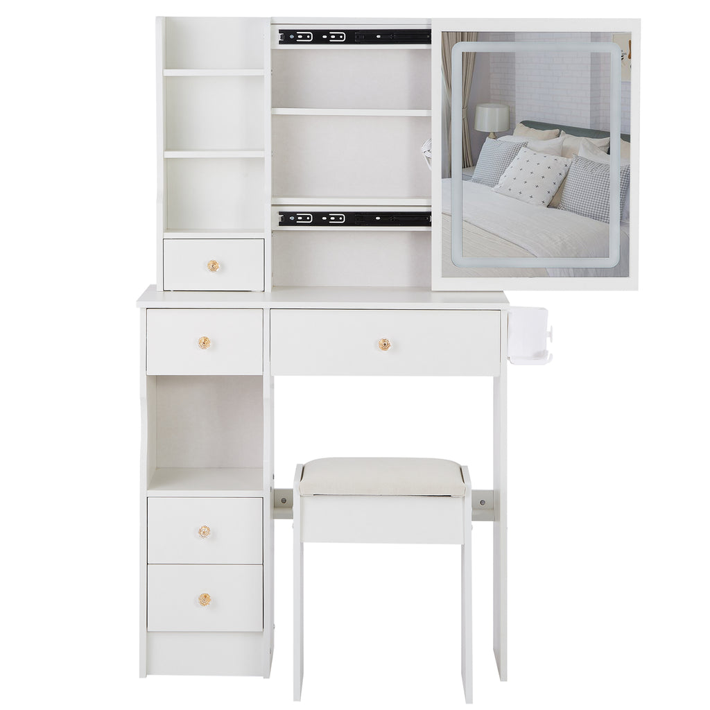 29.2' Small Size Drawer Desktop Vanity Table + Cushioned Stool, 2 AC+2 USB Power Station, Hair dryer bracket, Extra Large Touch Control Sliding LED Mirror, 3-color Switching, EPA, GCC, UL Certificate - Grand Goldman Shop