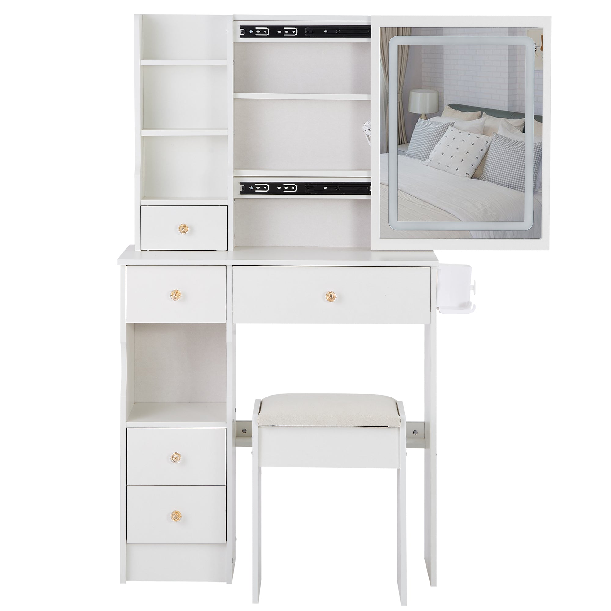 29.2' Small Size Drawer Desktop Vanity Table + Cushioned Stool, 2 AC+2 USB Power Station, Hair dryer bracket, Extra Large Touch Control Sliding LED Mirror, 3-color Switching, EPA, GCC, UL Certificate - Grand Goldman Shop