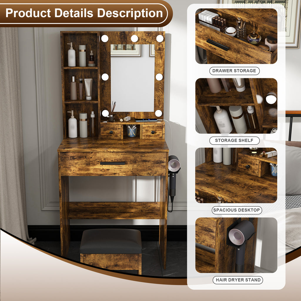Vintage Vanity Table with Mirror, Adjustable LED Lights, Power Outlet, Hairdryer Holder & Stool – Compact Dressing Desk for Small Bedrooms - Grand Goldman Shop