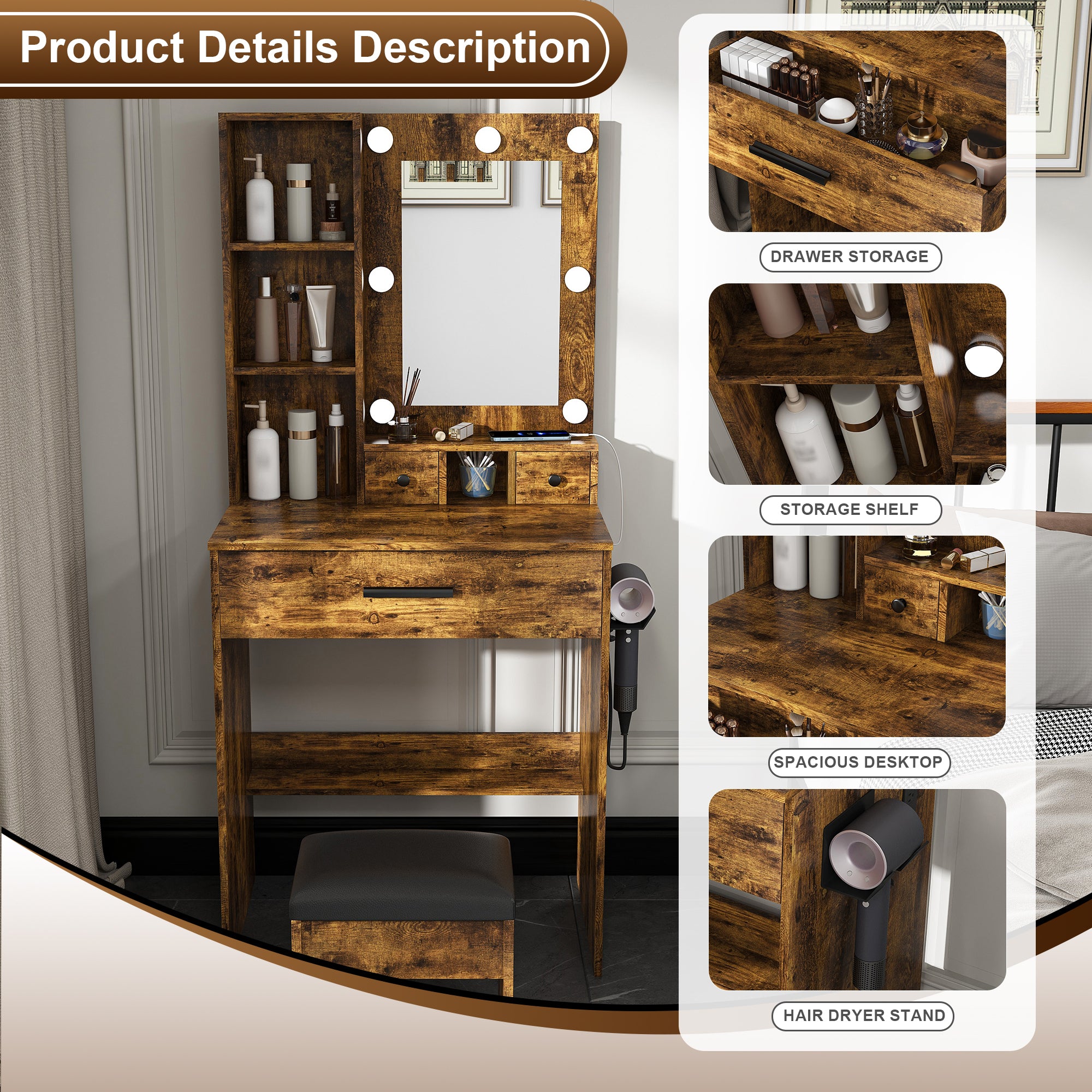 Vintage Vanity Table with Mirror, Adjustable LED Lights, Power Outlet, Hairdryer Holder & Stool – Compact Dressing Desk for Small Bedrooms - Grand Goldman Shop