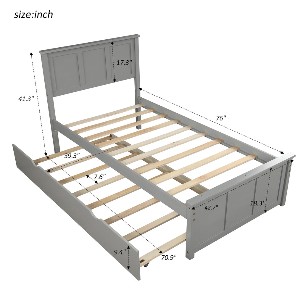 Gray Platform Bed with Twin Trundle and Frame, Solid Wood and MDF Construction, Twin Size - Grand Goldman Shop