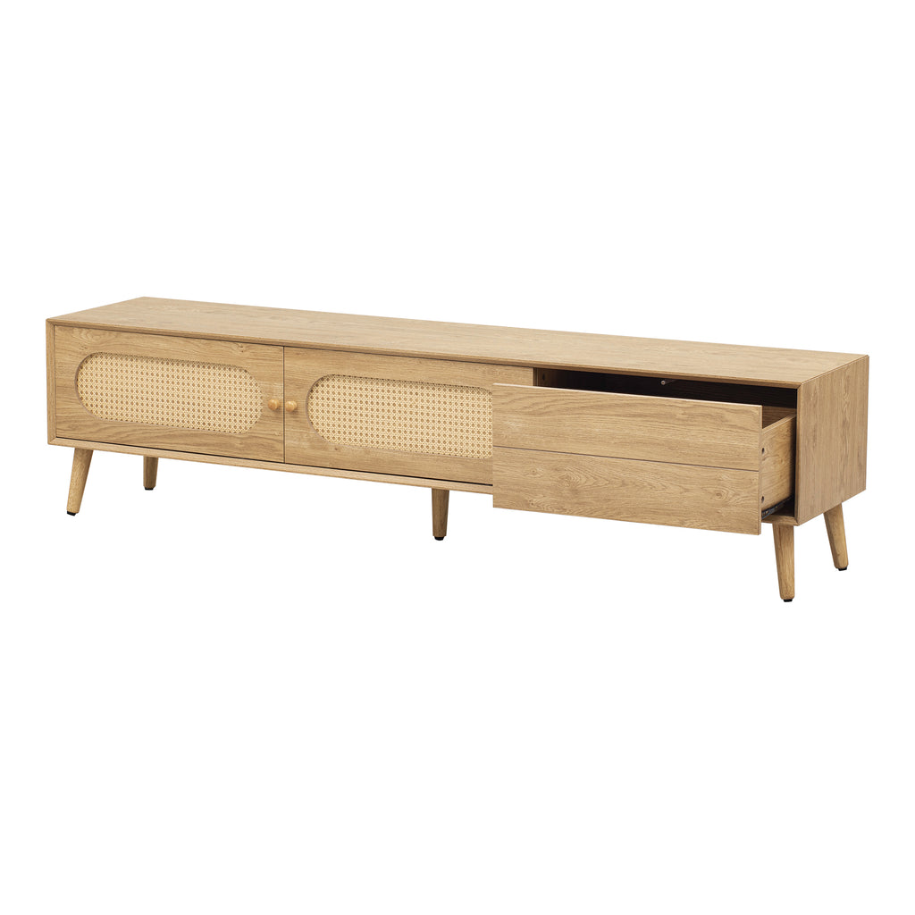 Boho TV Stand for TVs up to 80'', Modern Farmhouse Media Console with Solid Wood Legs, Natural Wood Finish, MDF Cabinet, 70.8''L x 15.7''W x 17.7''H - Grand Goldman Shop