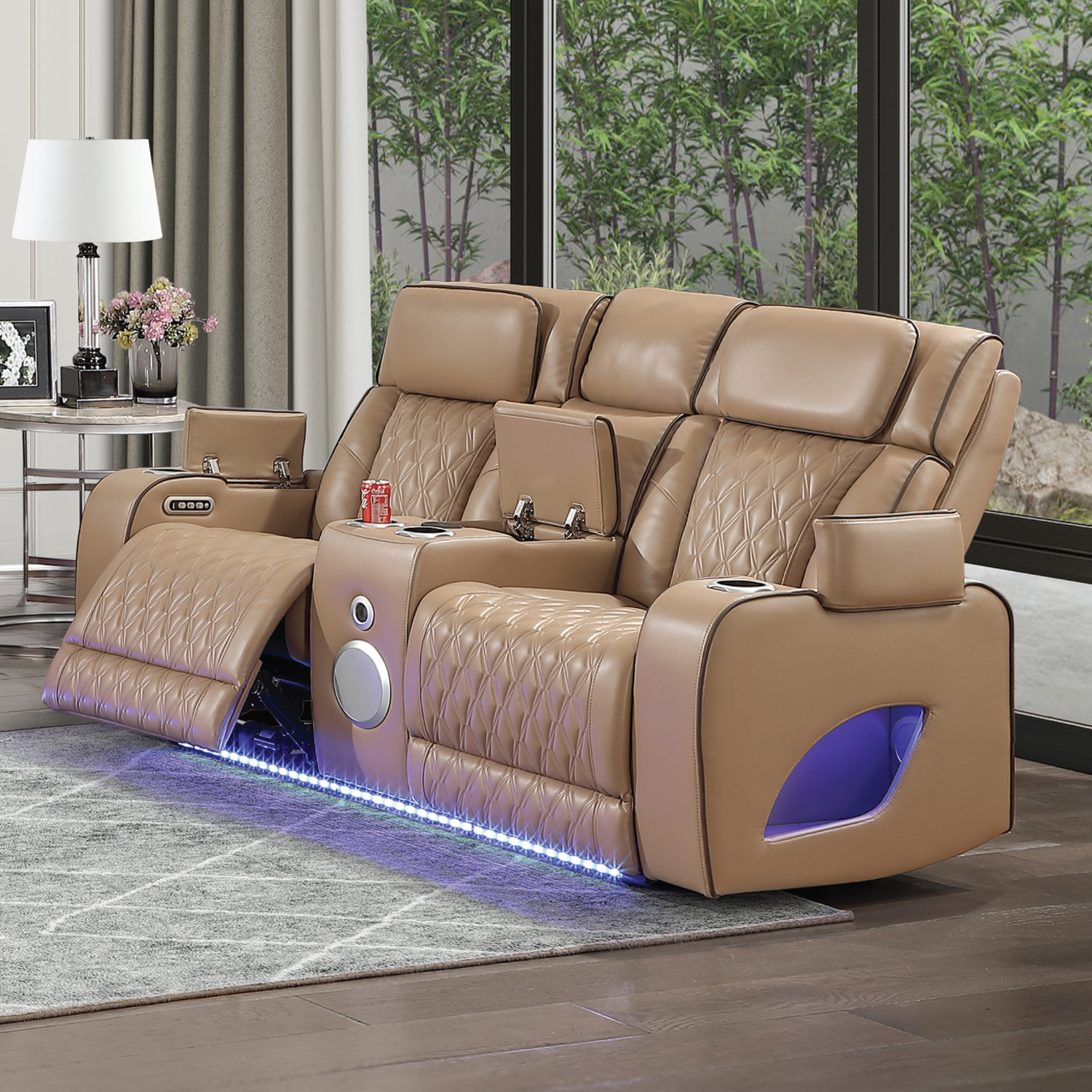 Fortuner Power Reclining 3Pc Living Room Set in Caramel Faux Leather with LED Lights, Massage Function, Bluetooth Speakers and Wireless Charging - Grand Goldman Shop