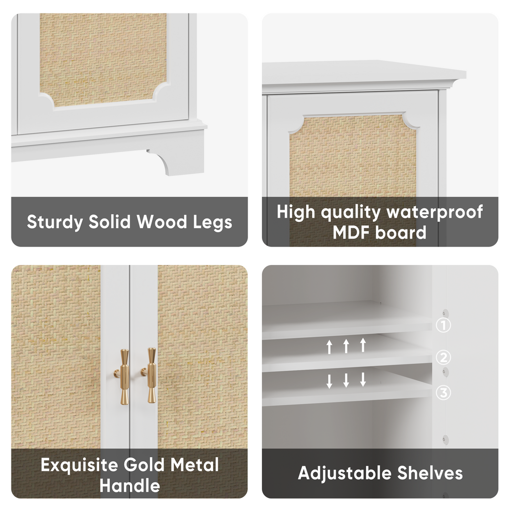 Rattan Decorated Sideboard Buffet Storage Liquor Cabinet, White Particle Board & MDF, 31.10 x 14.96 x 34.25 inches - Grand Goldman Shop