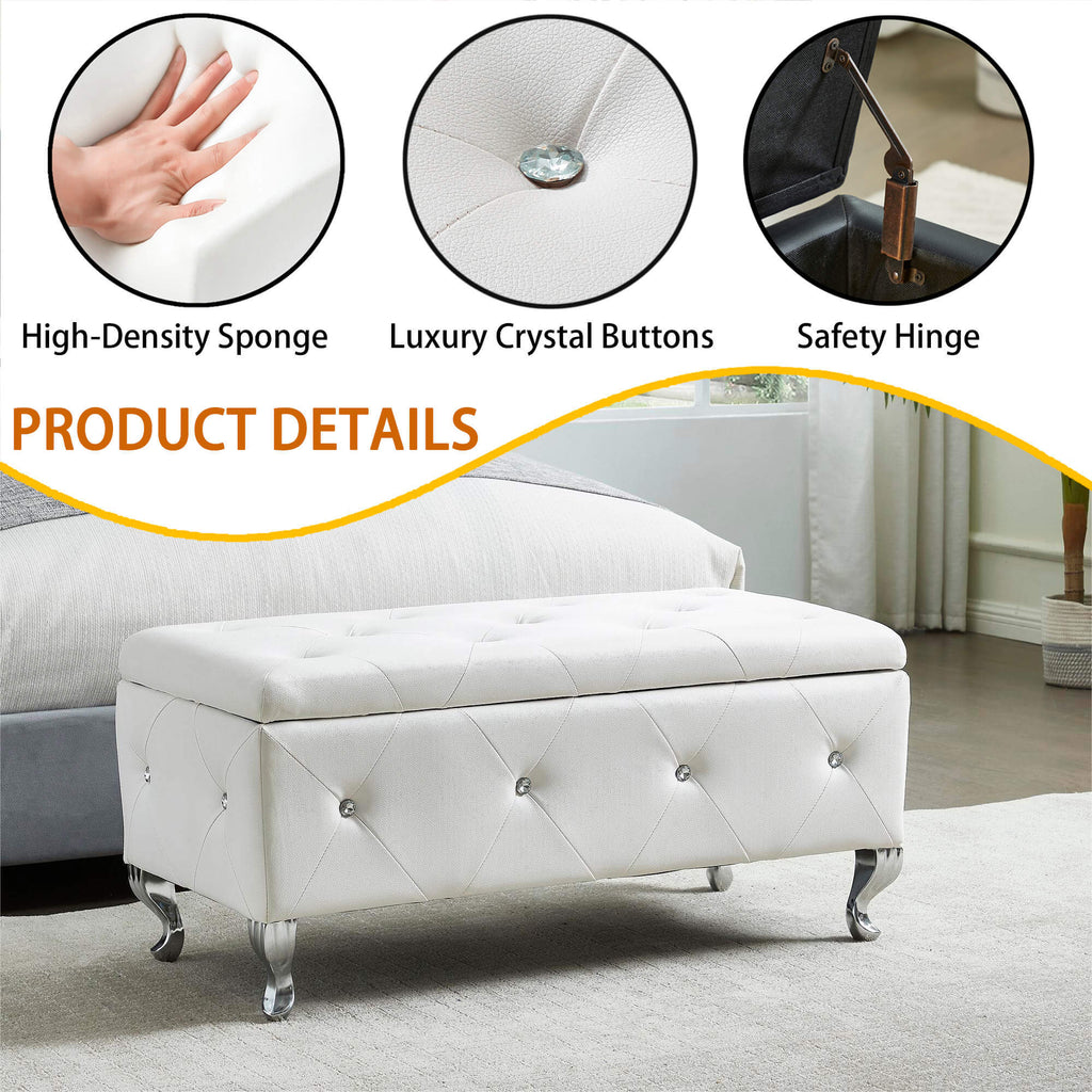 Upholstered Storage Ottoman Bench For Bedroom End Of Bed Faux Leather Rectangular Storage Benches Footrest With Crystal Buttons For Living Room Entryway (White) - Grand Goldman Shop