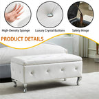 Upholstered Storage Ottoman Bench For Bedroom End Of Bed Faux Leather Rectangular Storage Benches Footrest With Crystal Buttons For Living Room Entryway (White) - Grand Goldman Shop