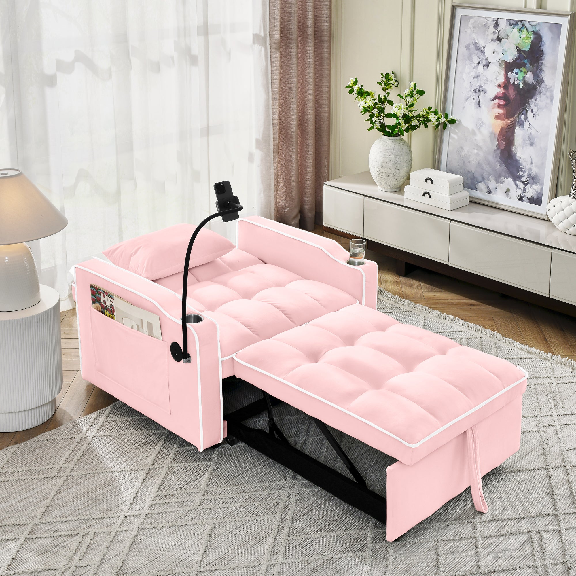 Convertible Sleeper Chair Sofa Bed Adjustable Pull Out Sleeper Chair Bed Multi-Pockets Folding Sofa Bed for Living Room Bedroom Small Space,3-in-1 Sofa Bed(PINK) - Grand Goldman Shop