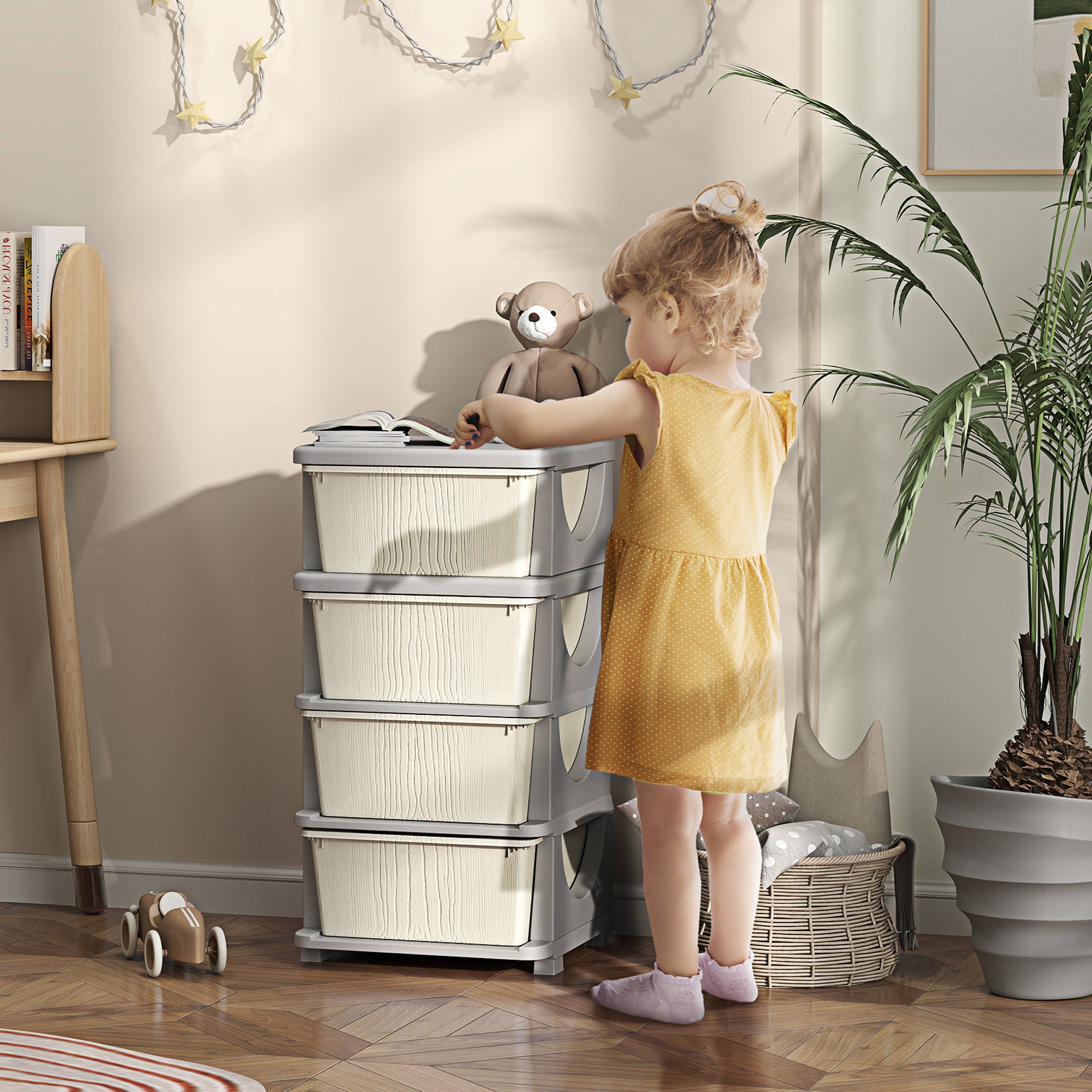 Qaba 4 Tier Kids Storage Unit, 4 Drawer Chest Toy Organizer Plastic Bins for Kids Bedroom Nursery Kindergarten Living Room fo