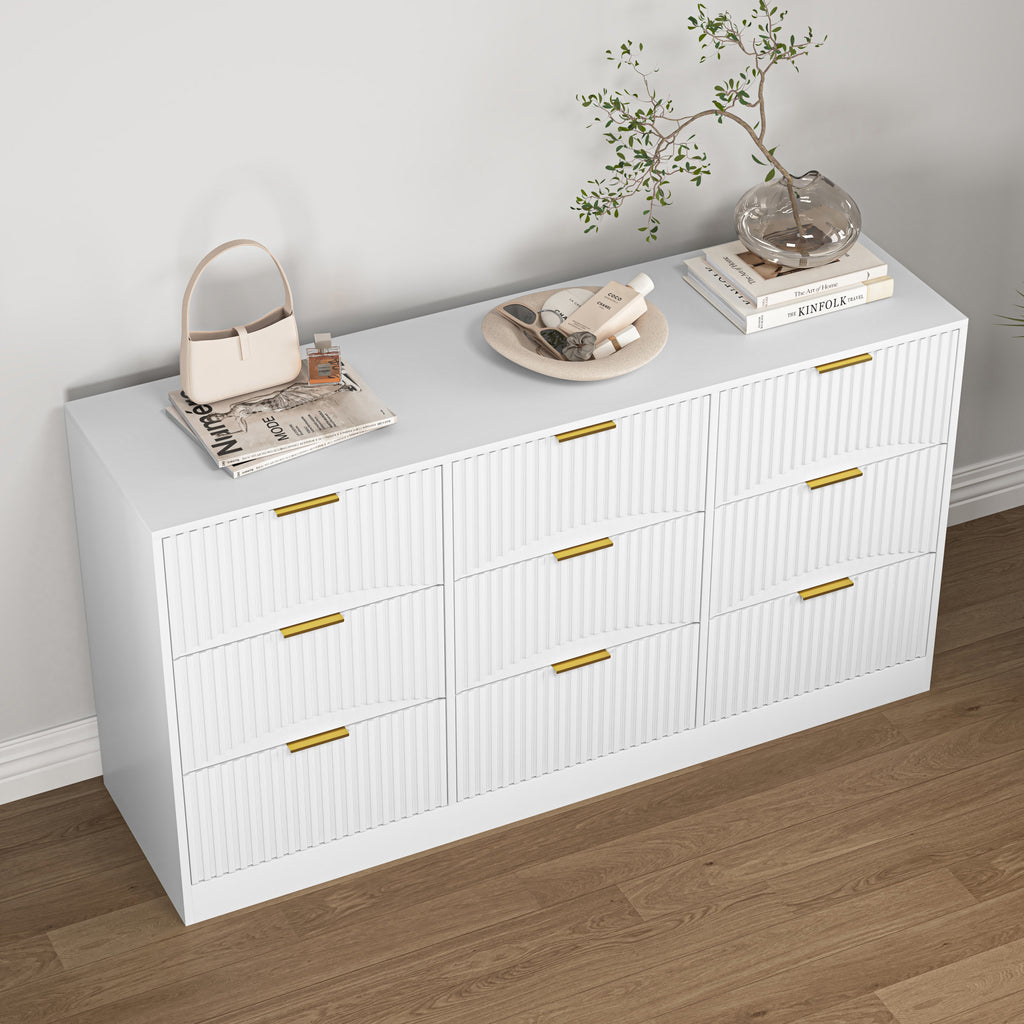White 9 Drawer Dresser, 63' Large Deep Chest of Drawers, Wooden Dresser Storage Cabinet with 9 Drawers for Bedroom, Long Dressers for Living Room, Hallway, Drawer panel with wavy patterns - Grand Goldman Shop