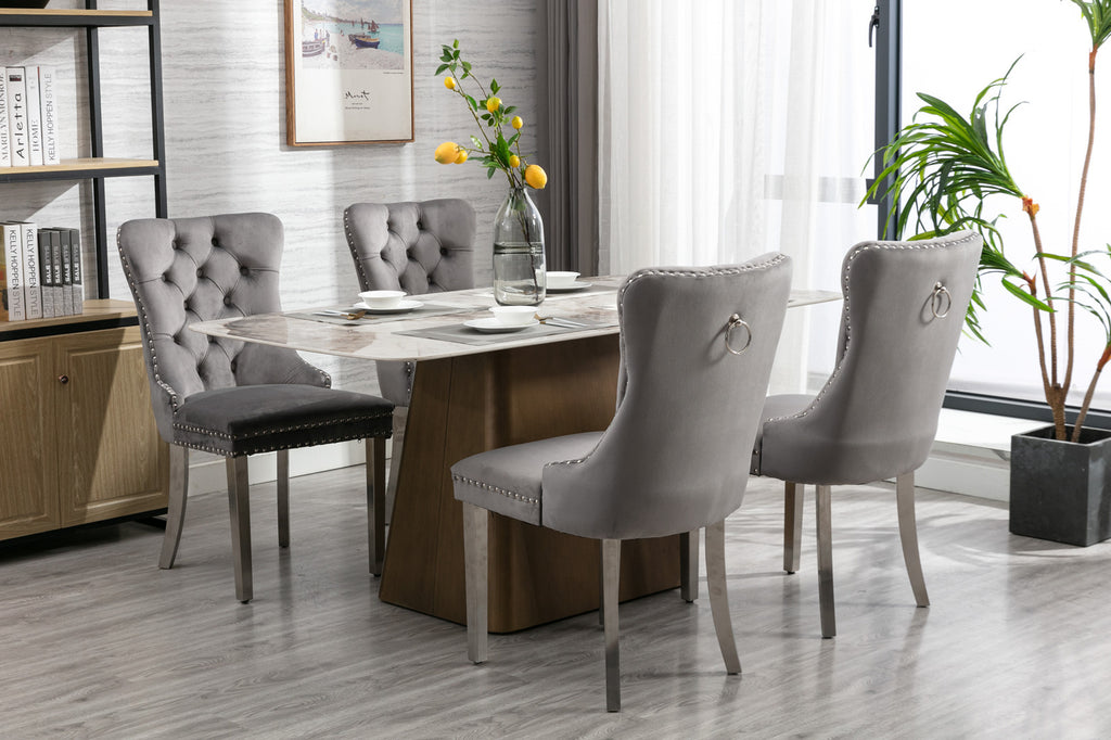 A&A Furniture,Nikki Collection Modern, High-end Tufted Solid Wood Contemporary Velvet Upholstered Dining Chair with Chrome Stainless Steel Plating Legs,Nailhead Trim,Set of 2,Gray and Chrome, SW1701GY - Grand Goldman Shop