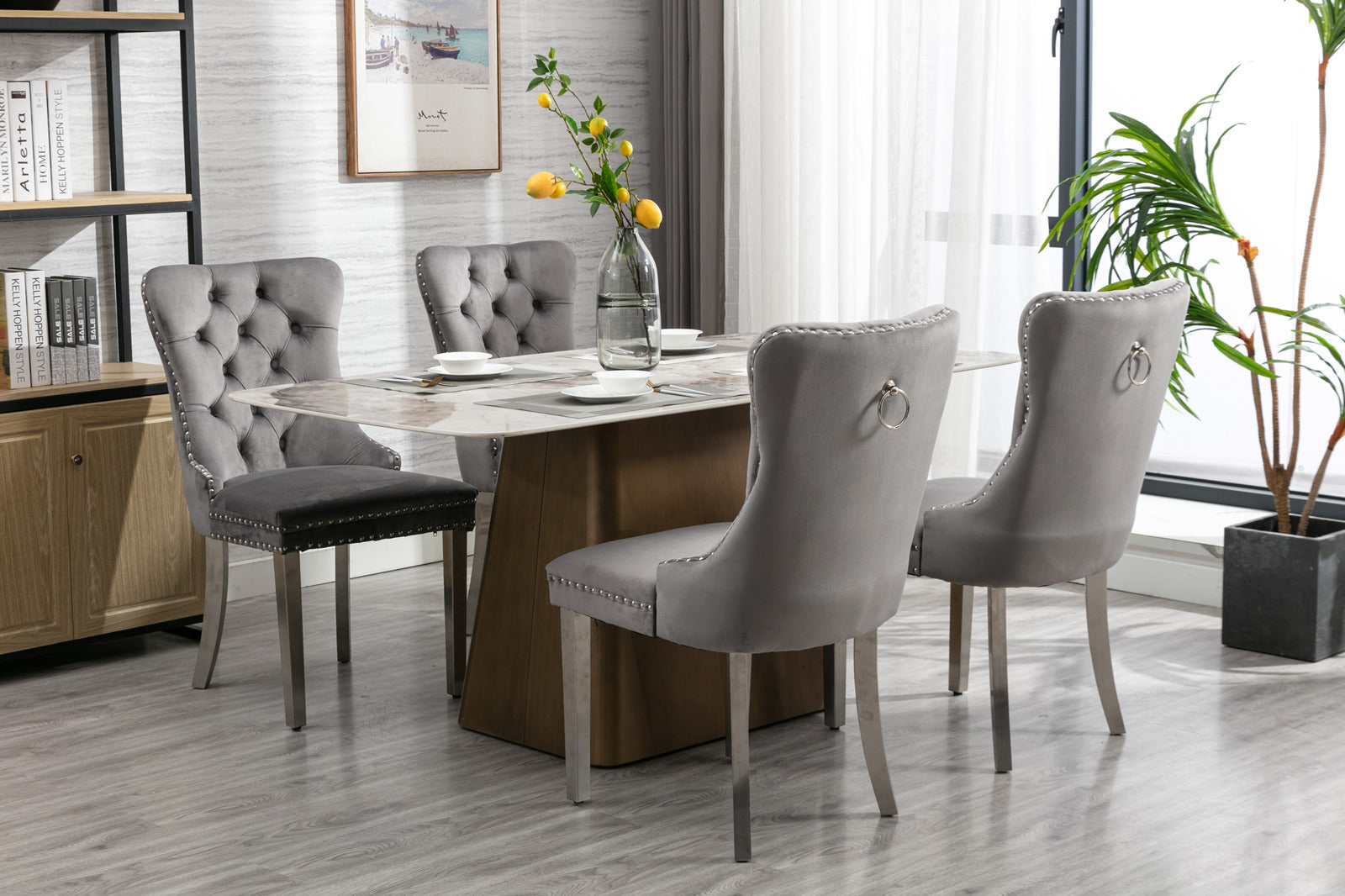 A&A Furniture,Nikki Collection Modern, High-end Tufted Solid Wood Contemporary Velvet Upholstered Dining Chair with Chrome Stainless Steel Plating Legs,Nailhead Trim,Set of 2,Gray and Chrome, SW1701GY - Grand Goldman Shop